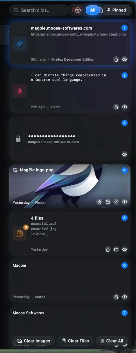 Jackdaw's clipboard drawer floating over the desktop — searchable history of links, dictation, and files.