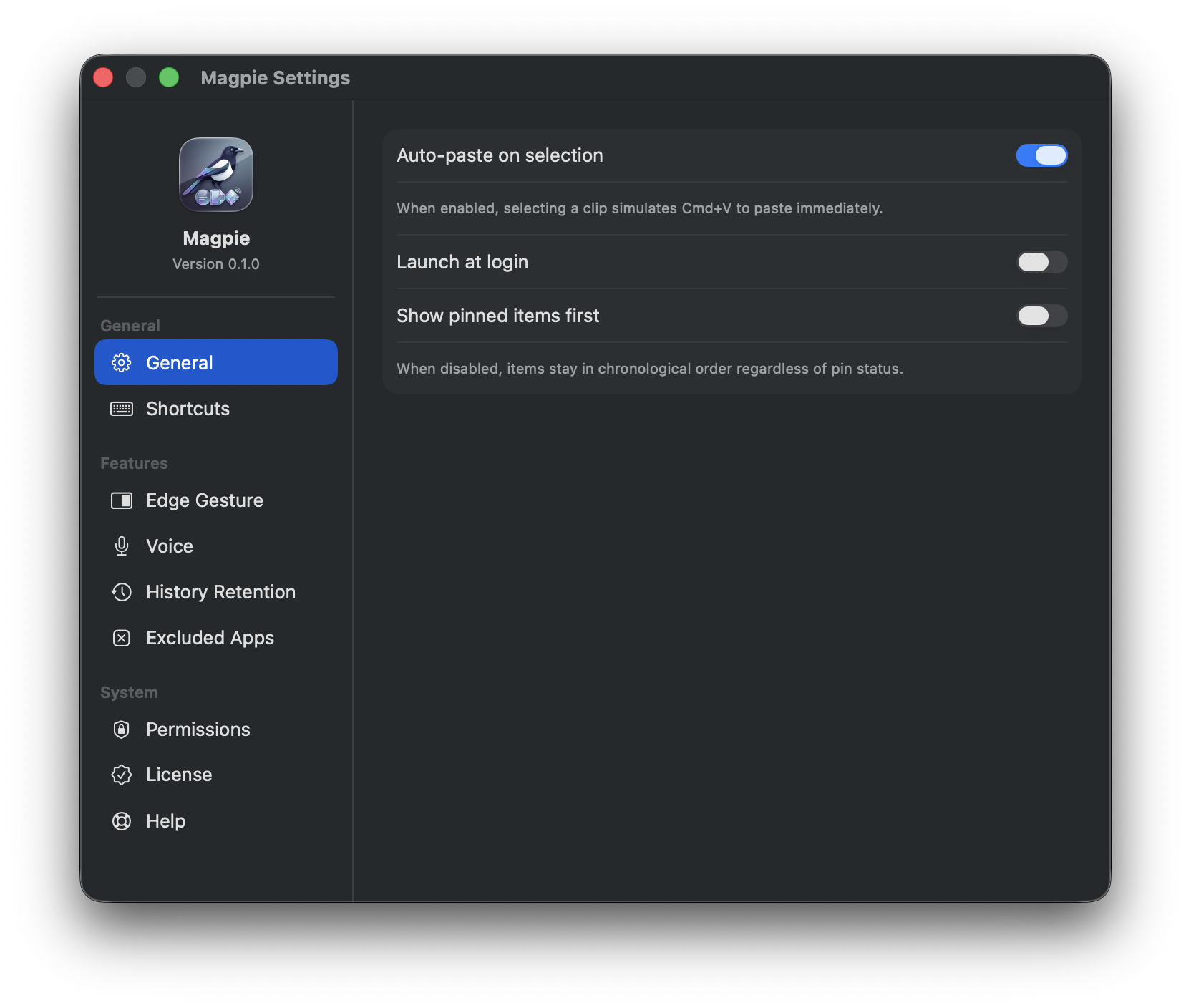 Jackdaw's Settings window on macOS, showing General preferences.